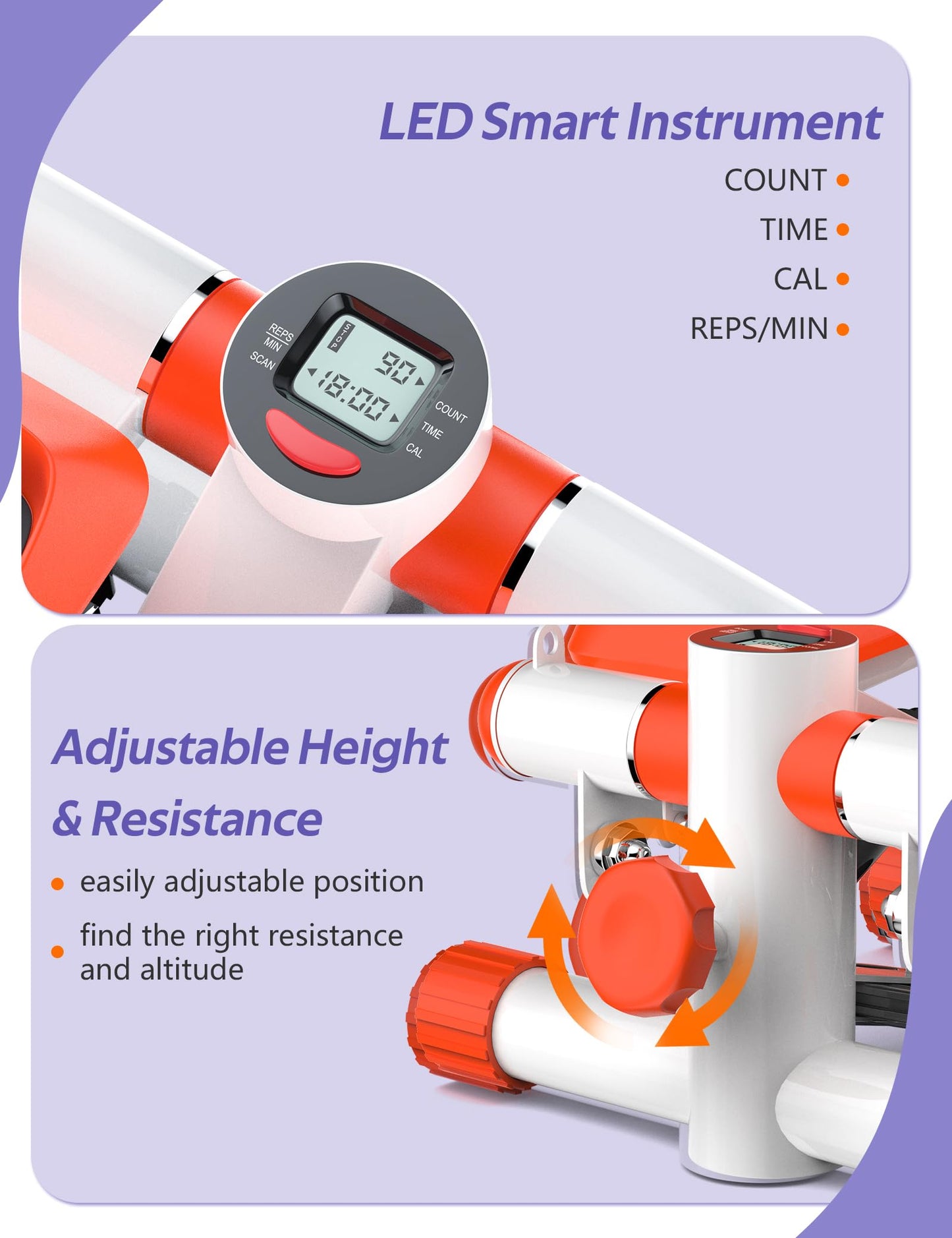 Amicus Mini Stepper for Exercise, Stair Stepper with Resistance Bands, Hydraulic Fitness Stepper Exerciser Machine for Home, 330lbs Weight Capacity, Orange White