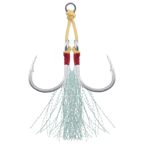 Dr.Fish 10 Pack Double Jigging Assist Hooks Saltwater Replacement Hooks Vertical Jig Lure Mylar Flash Teasers Slow Pitch Fast Fall Diamond Jig Tuna Striper Flounder Mackerel 3/0