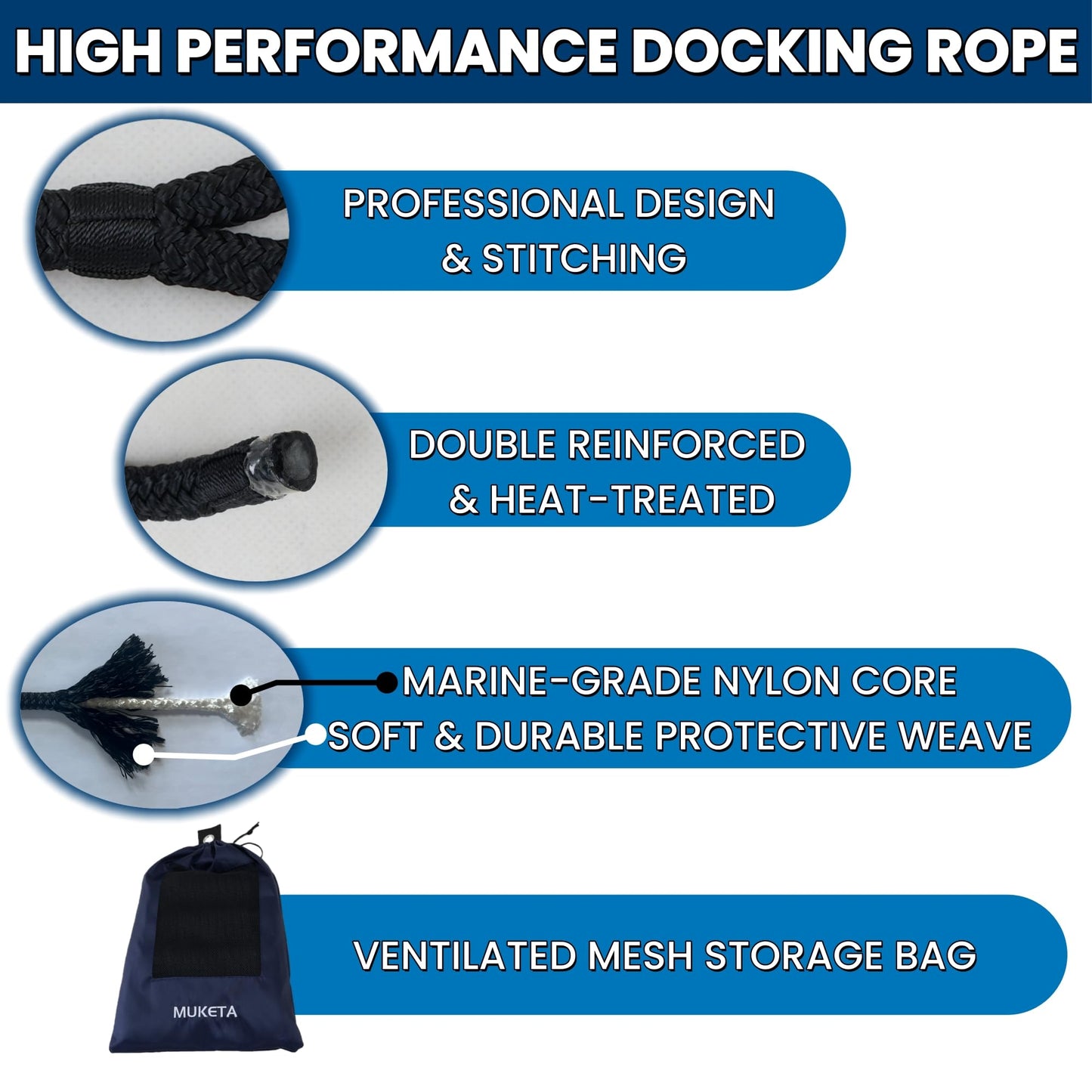 MUKETA 4 Pack Boat Dock Lines 3/8" x 15' with 12" Eyelet Marine Grade Double Braided Nylon Boat Ropes, High Strength Boat Lines for Docking and Mooring,Fray Resistant,Easy to Handle,Black