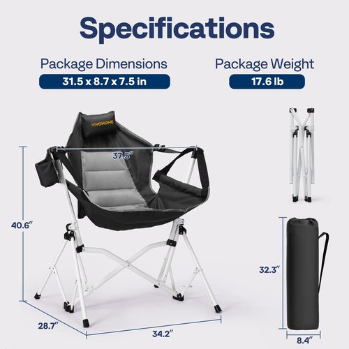 VIVOHOME Hammock Camping Chair, Portable Outdoor Swinging Rocking Chairs for Adults with Adjustable Pillow, Back and Height for Travelling, Backyard, Patio, Supports 400 lbs, 600D Breathable Mesh
