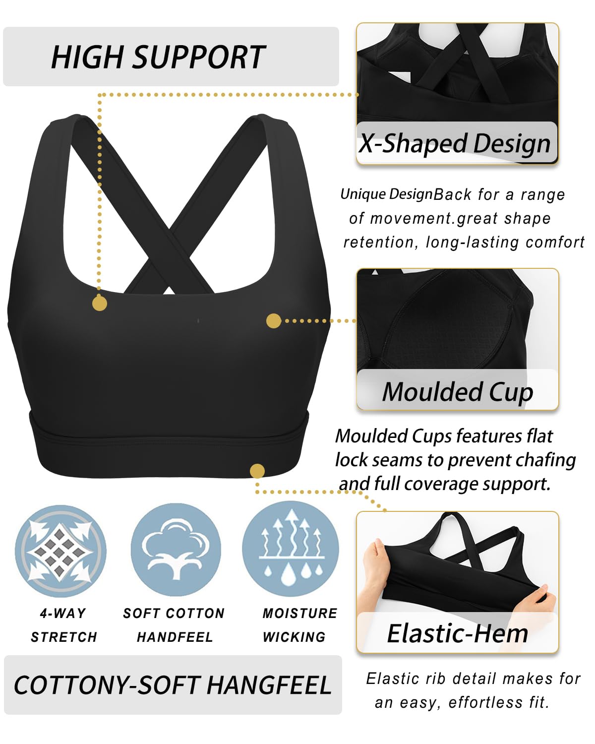 RUNNING GIRL Black Sports Bra for Women,Molded Cups High Support Sports Bras for Women Large Bust(3135Black_L)