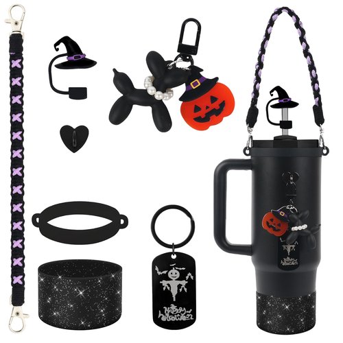 BELSITA Halloween Stanley Cup Accessories Set, Black Pearls Dog Witch Hat Straw Cap Water Bottle Handle Strap, Silicone Stanley Cup Boot, Stanley Charms for Stanley Cup 30/40oz Tumble (7Pcs Dog)