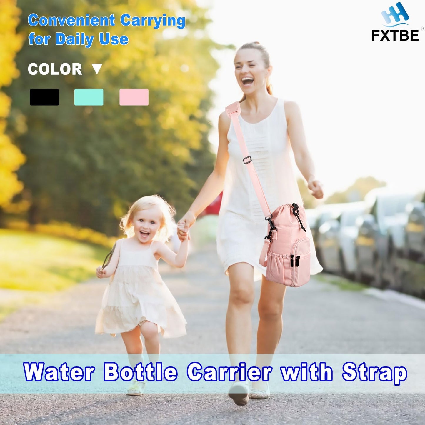 FXTBE Water Bottle Carrier with Strap and Pouch 32oz 40oz 64oz 16oz Water Bottles, Crossbody, Insulated Cooler Bag, Shoulder Sling for Walking, Black