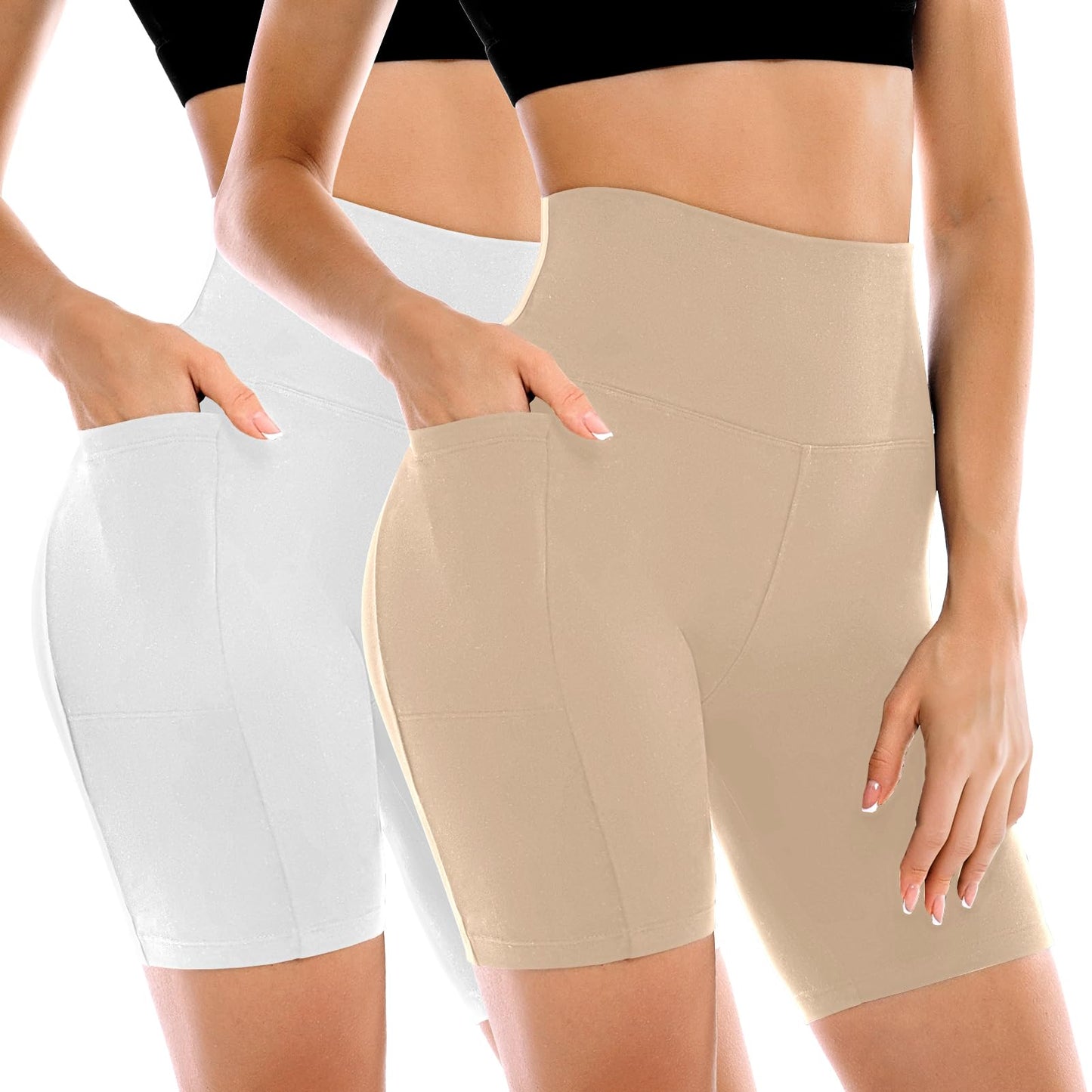 Leafigure 2 Pack Womens Biker Shorts with Pockets, High Waisted Tummy Control Yoga Shorts for Women Running Gym and Workout White/Beige S-M