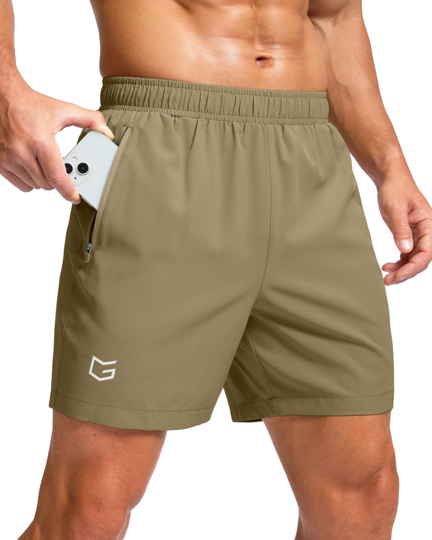 G Gradual Men's Athletic Running Shorts with Zipper Pockets Quick Dry 7"/ 5"/ 9" Workout Gym Shorts for Basketball Hiking(Dusty Khaki,5M)