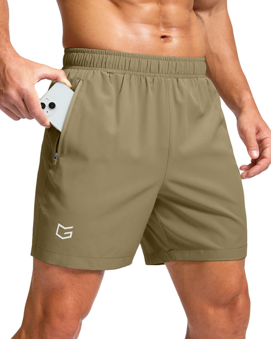 G Gradual Men's Athletic Running Shorts with Zipper Pockets Quick Dry 7"/ 5"/ 9" Workout Gym Shorts for Basketball Hiking(Dusty Khaki,5M)