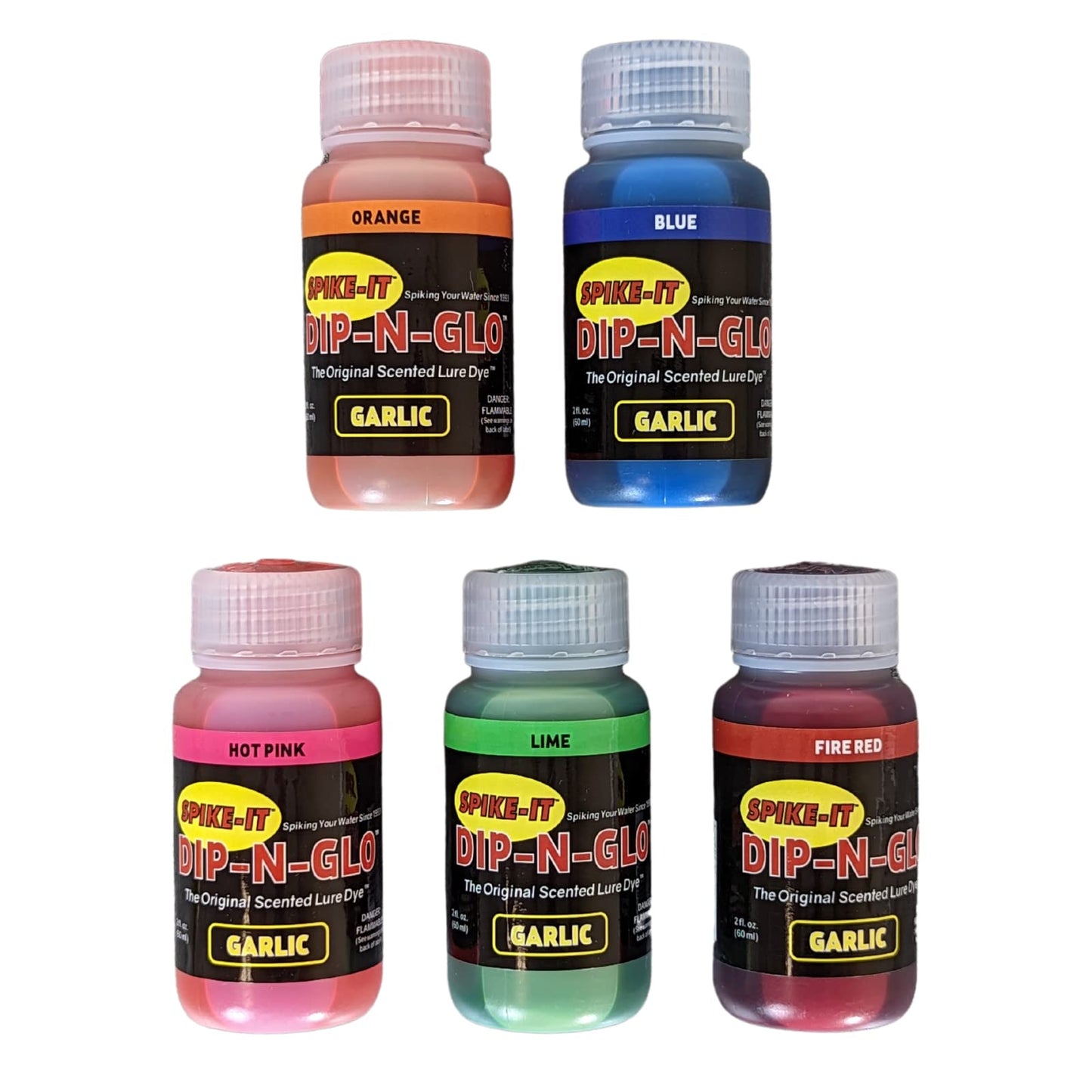 Spike-It Dip-N-Glo Garlic Lure Dye | Lure Dip for Soft Plastic Baits | Strong Garlic Scent & Vivid UV Color | Make your Lures Unresistable to All Fish | Pack of 5 x 2 Oz Bottles