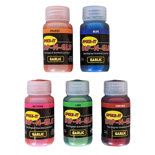 Spike-It Dip-N-Glo Garlic Lure Dye | Lure Dip for Soft Plastic Baits | Strong Garlic Scent & Vivid UV Color | Make your Lures Unresistable to All Fish | Pack of 5 x 2 Oz Bottles