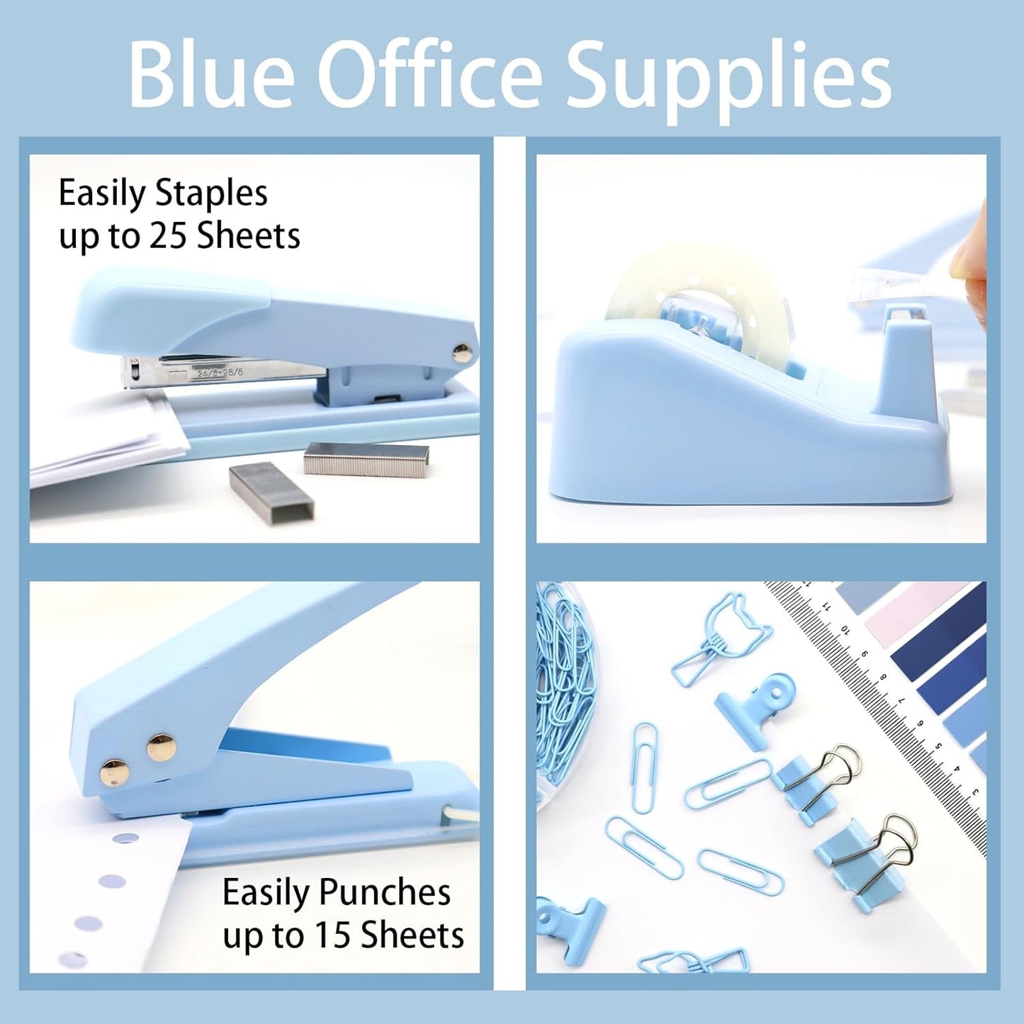 White Office Supplies, UPIHO White Desk Accessories, Stapler and Tape Dispenser Set for Women with Stapler,Tape Dispenser, Staple Remover, Staples,Scissor and Tabs for Students Office Clerks