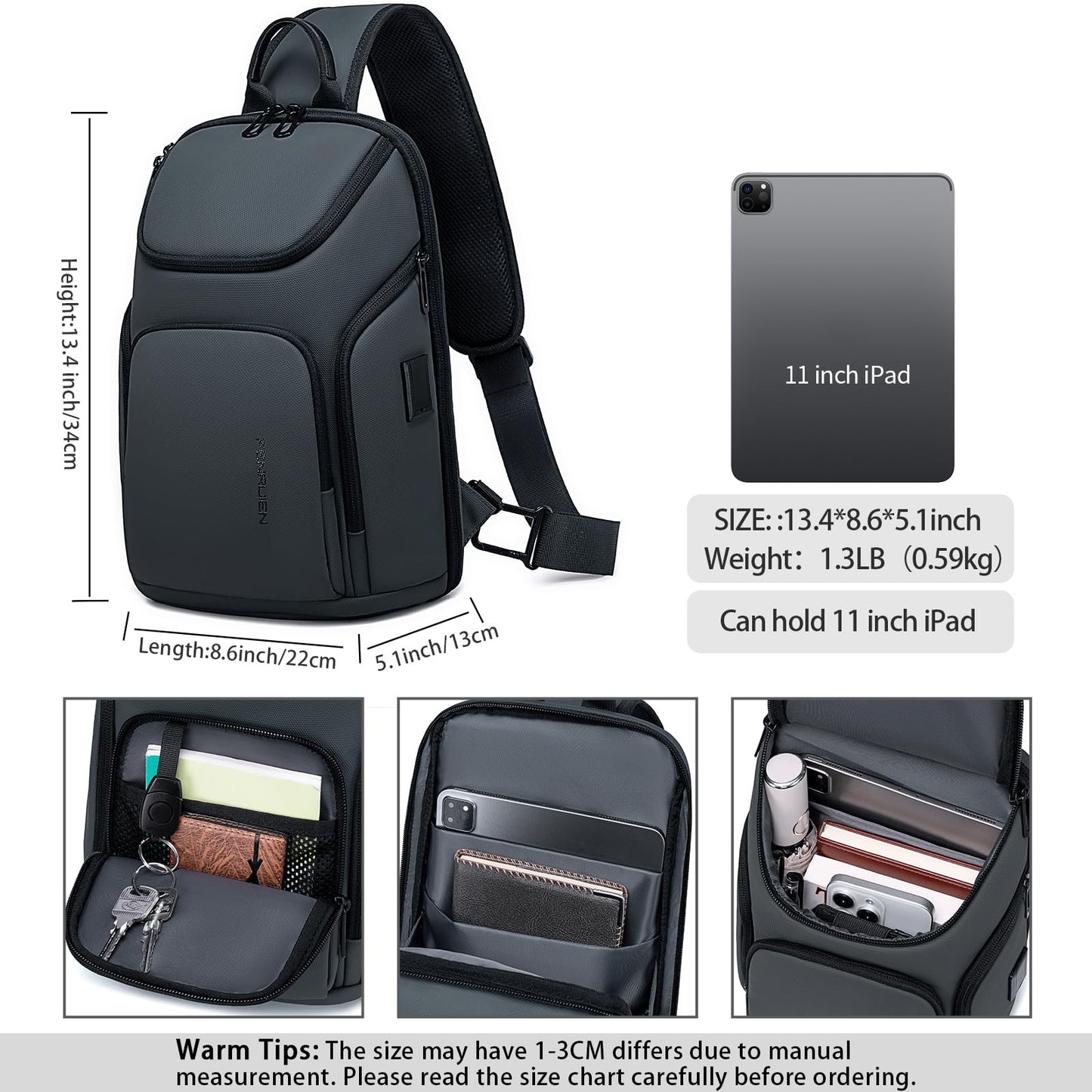 FENRUIEN Grey Sling Bag, Lightweight Crossbody Bag with USB, Sling Backpack Shoulder Chest Pack for Men Casual Rucksack for Daypack/Hiking/Travel/Sports