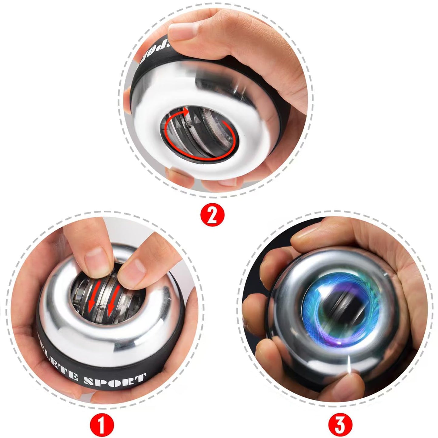 ACELETE Gyro Ball Wrist Exerciser Auto-Start Wrist Trainer Ball Forearm Strengthener for Stronger Wrist Bones and Muscle (Metal with Light)