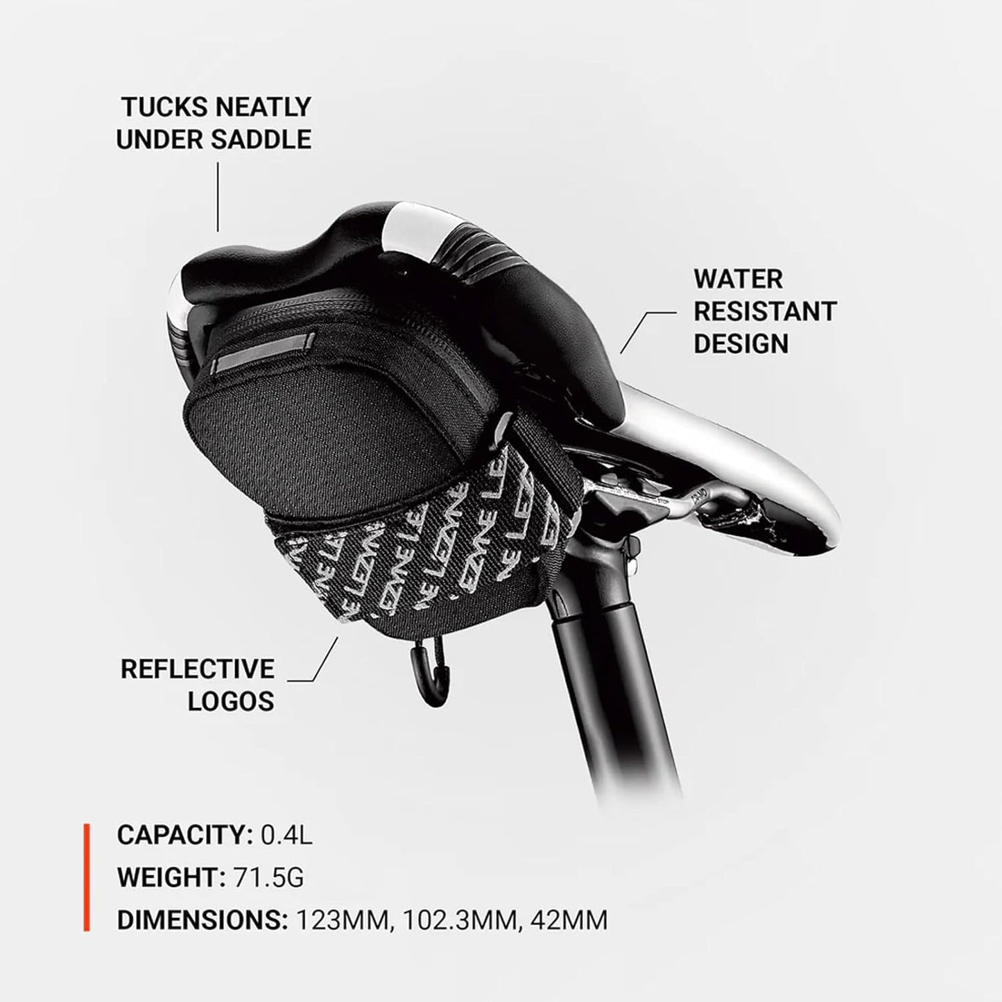 LEZYNE Road Caddy Compact Bike Saddle Bag - Lightweight Durable Nylon Cycling Under Seat Pouch with Velcro Attachment, Clamshell Opening & Reflective Accents for Road Bikes & Commuters, 0.4L Capacity