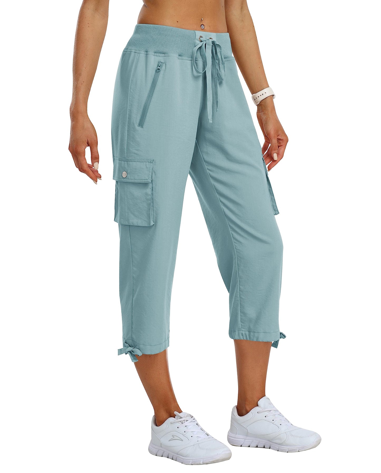MoFiz Womes Capris Summer Cargo Hiking Pants Lightweight Quick Dry Running Athletic Shorts Casual Outdoor Zipper Pockets Dusty Blue XL