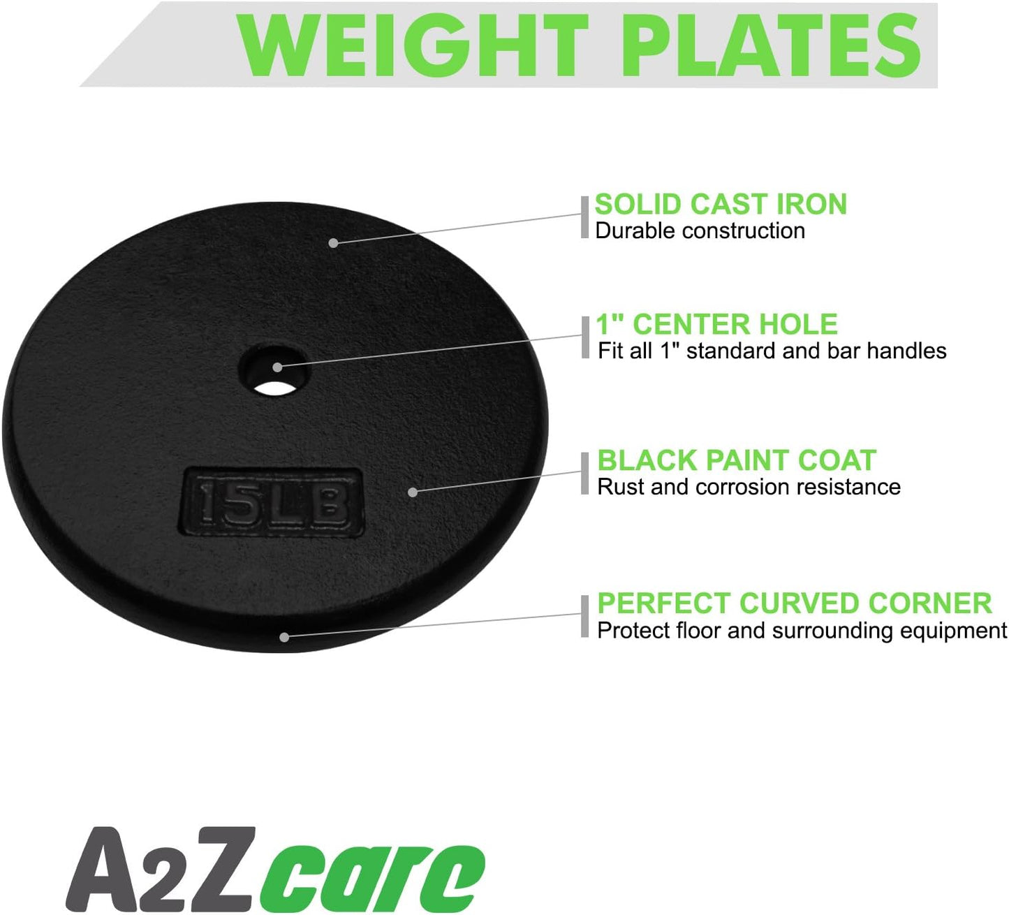 A2ZCARE Standard Cast Iron Weight Plates 1-Inch Center-Hole for Dumbbells, Standard Barbell 1.25, 2.5, 5, 10, 15, 20 lbs (15lbs (Single))