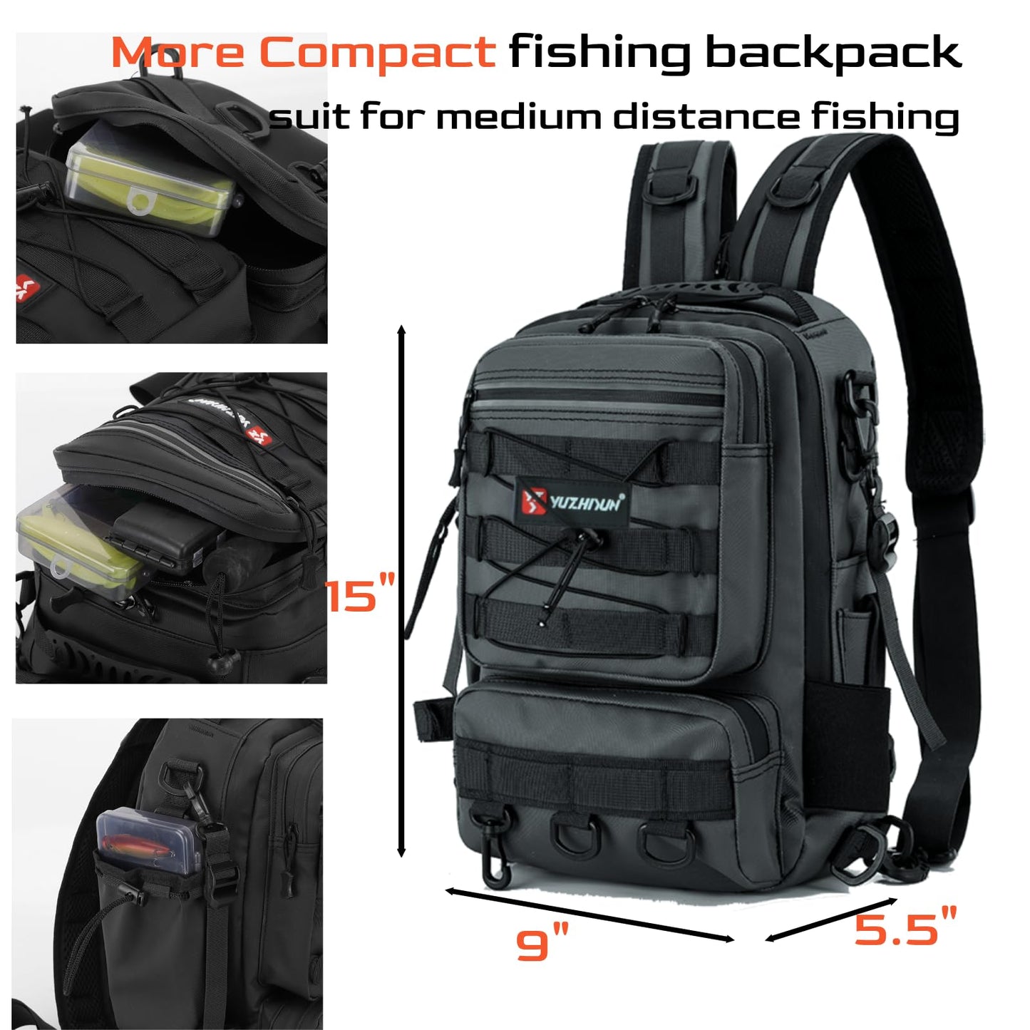 Fishing Backpack Small Tackle Sling Bag - with 2 Rod Holder - Storage Tackle Box, Fishing Gear, Fly Fishing Gifts, Grey, (Only Bag)