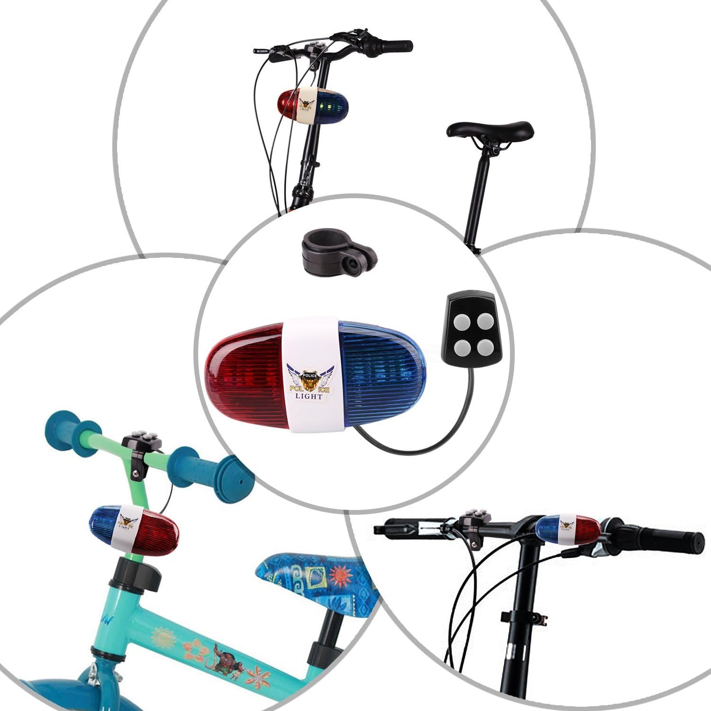 Oumers Bicycle Police Sound & Light, Bike LED Horn Siren, 6 LED Lights, 4 Sounds, Waterproof Accessories