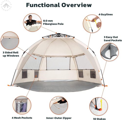 Easthills Outdoors Instant Shader Deluxe XL Beach Tent Easy Up 99" Wide for 4-6 Person Sun Shelter - Extended Zippered Porch Included Blue