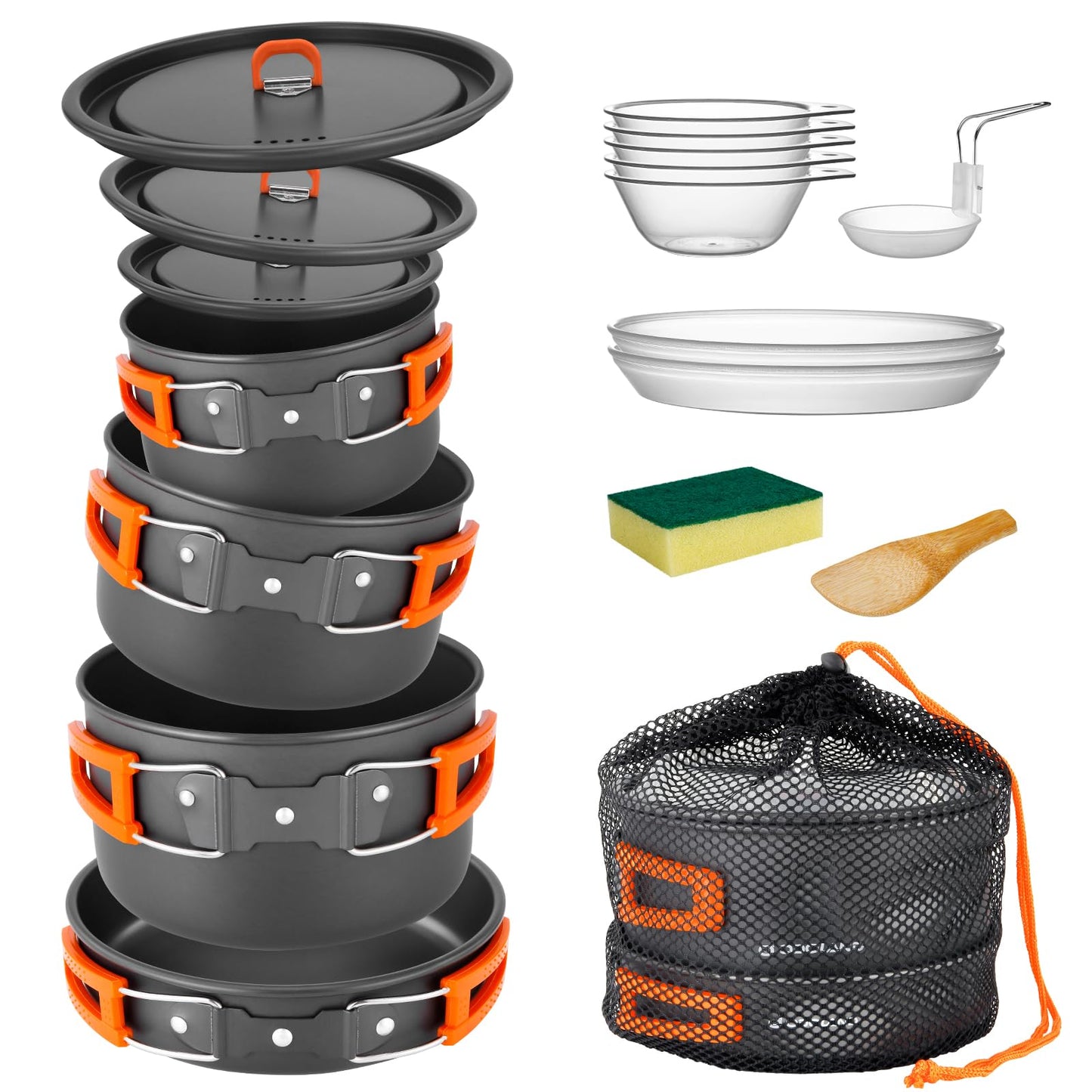 Odoland 15pcs Camping Cookware Non-Stick Lightweight Camping Pots and Pans Set with Plastic Plates Bowls Soup Spoon for Camping, Backpacking, Outdoor Cooking and Picnic