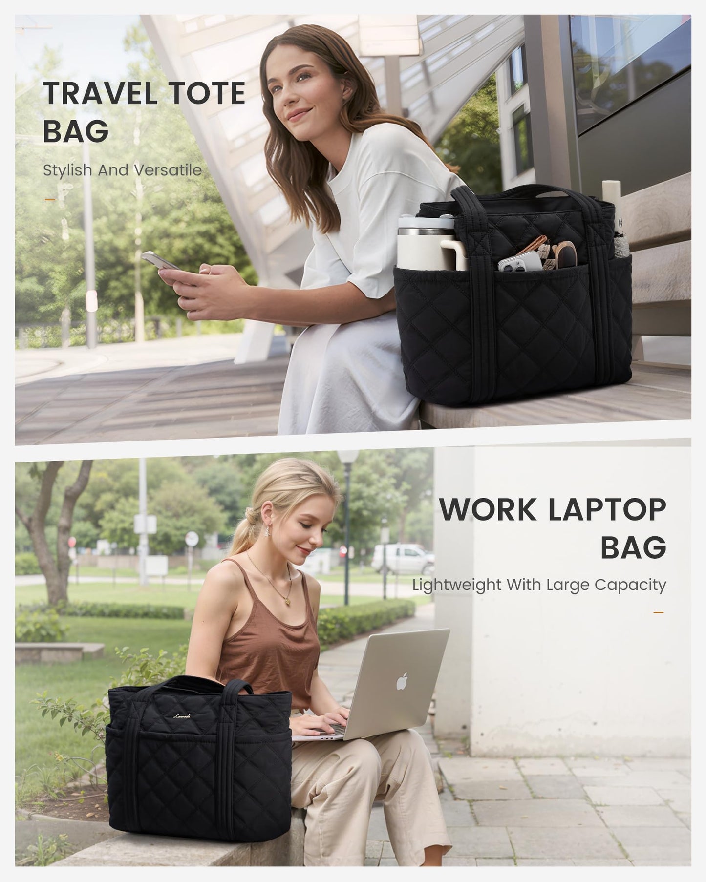 LOVEVOOK Puffer Tote Bag for Women, Quilted 17" Work Tote with Zipper, Large Travel Essentials Handbag with Cup Holder, Puffy Purse for Teacher, Nurse, Gym, Hospital, Overnight, Carry On Shoulder Bag