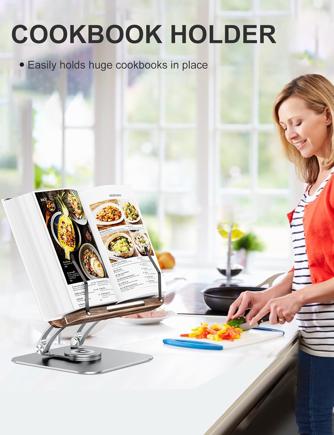 Tounee Book Stand for Reading, Adjustable Book Holder with 360° Swivel Base, Foldable Cookbook Stand Recipe Book Holder with Elastic Page Clips for Music Scores, Recipe, Tablet, Laptop-Gray