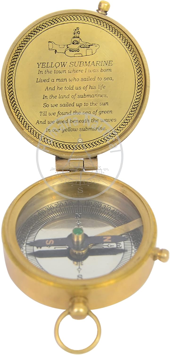 Antique Brass Finish Compass Yellow Submarine Beatle Finder Vintage Submarine Compass