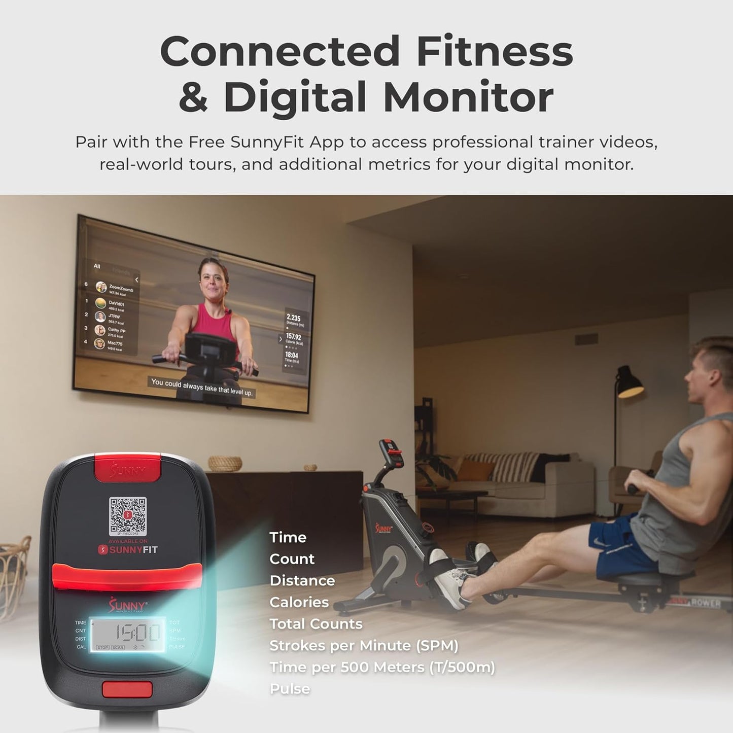 Sunny Health & Fitness Foldable Rowing Machine for Home - Full-Body Low-Impact Workout, Quiet Operation & Free SunnyFit App