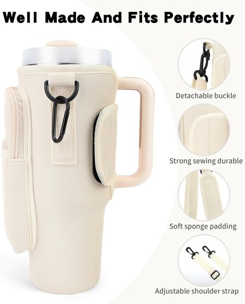 Tumble Tote Cream Water Bottle Carrier Bag for 40/30 oz, Neoprene Insulated Tumbler, with Phone Pocket, Adjustable Strap, and Reinforced Handle, Perfect for Hiking, Travel, and Stanley Cup Accessories