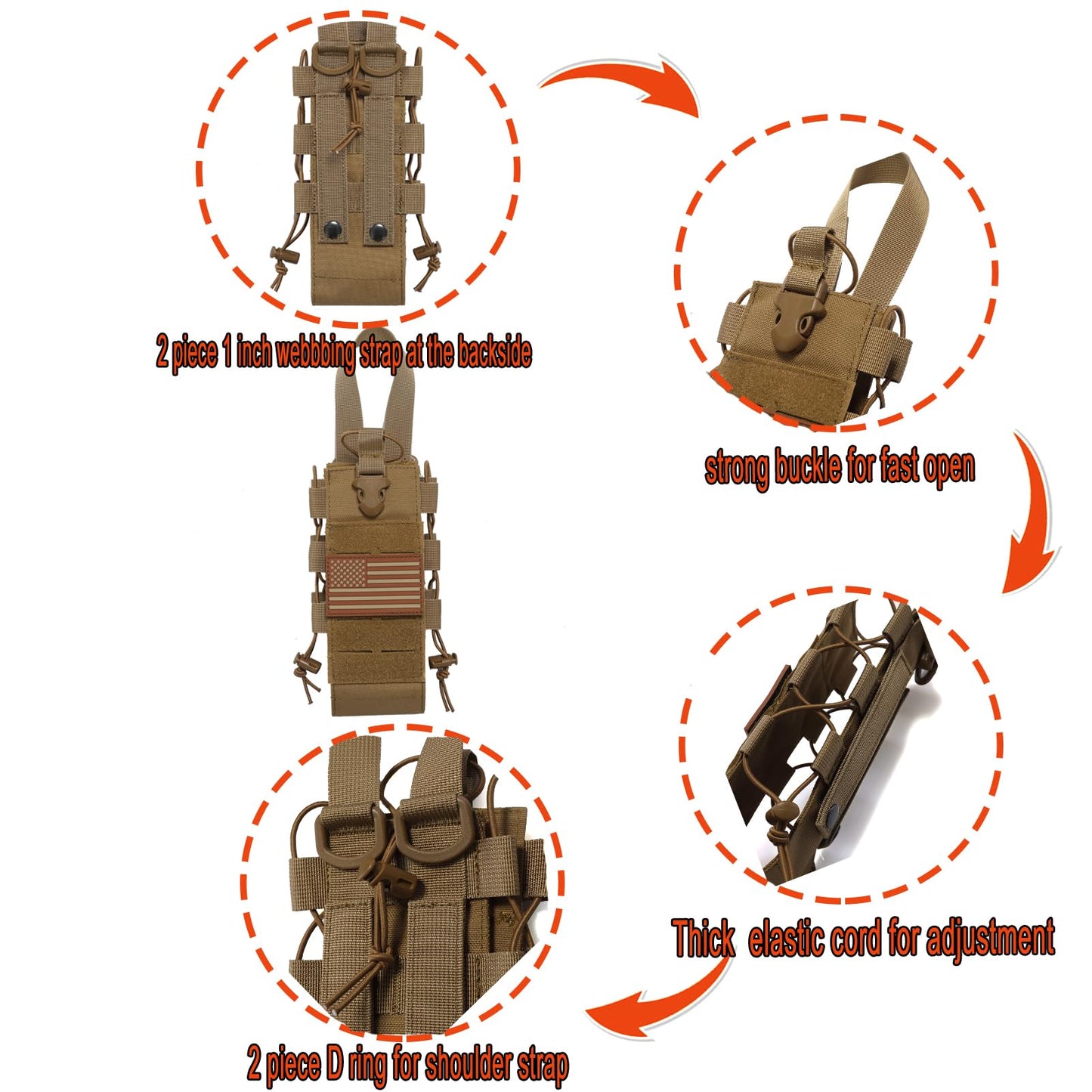Molle Water Bottle Holder Molle Pouch Carrier,Tactical Water Bottle Pouch,Water Bottle Carrier with Strap,Tactical Molle Water Bottle Pouch,Water Bottle Holder Carrier for Walking (2 PCS BROWN)