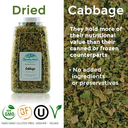 Harmony House Foods Dehydrated Cabbage Flakes - Air Dried Vegetables for Soup and Cooked Dishes, Great for Camping, Survival, and Backpacking, 6 Ounces