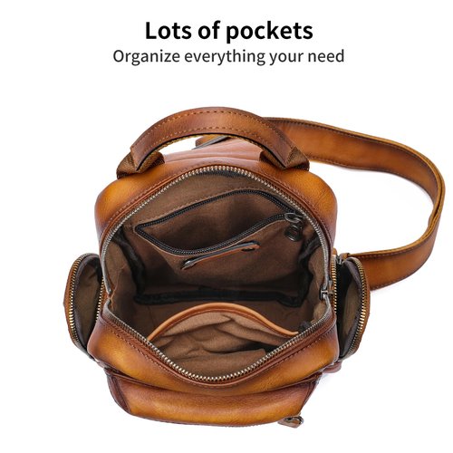 NIUCUNZH Genuine Leather Sling Bag Vintage Handmade Crossbody Bags Shoulder Backpack Hiking Daypack Travel Pack Brown