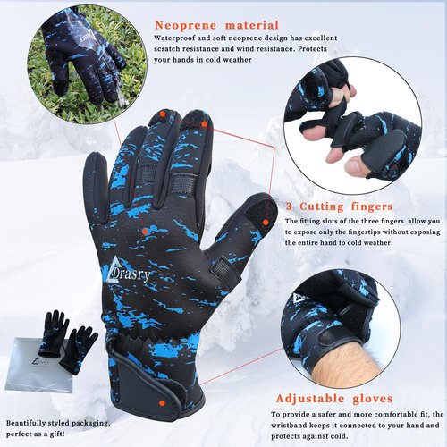 Drasry Neoprene Ice Fishing Gloves Touchscreen 3 Cut Fingers Warm Cold Weather Suitable for Men and Women Fly Fishing Photography Motorcycle Running Shooting (Blue/Black XL)