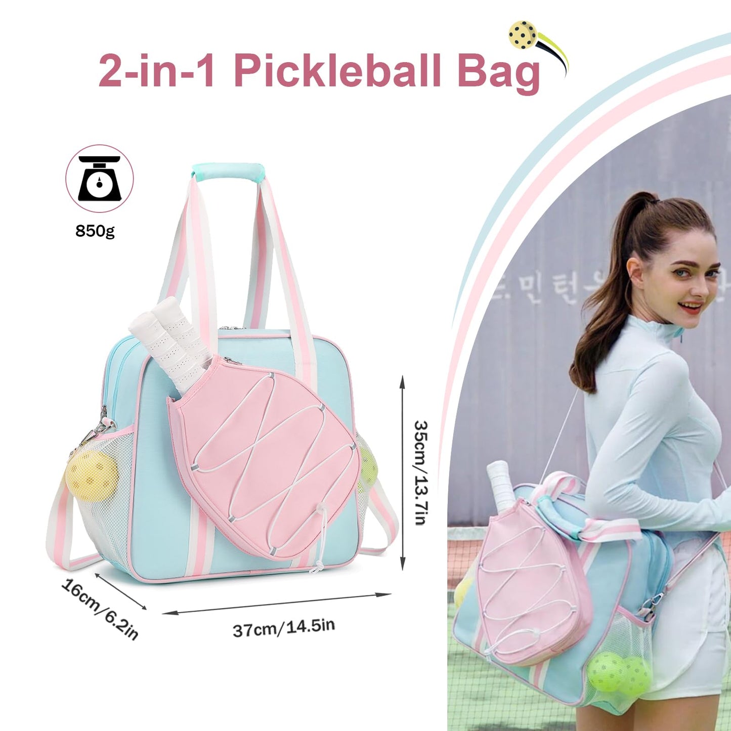 ACESAK Pink Large Pickleball Bag for Women Men Teens with 2 In 1 Insulated Pocket & Fence Hook