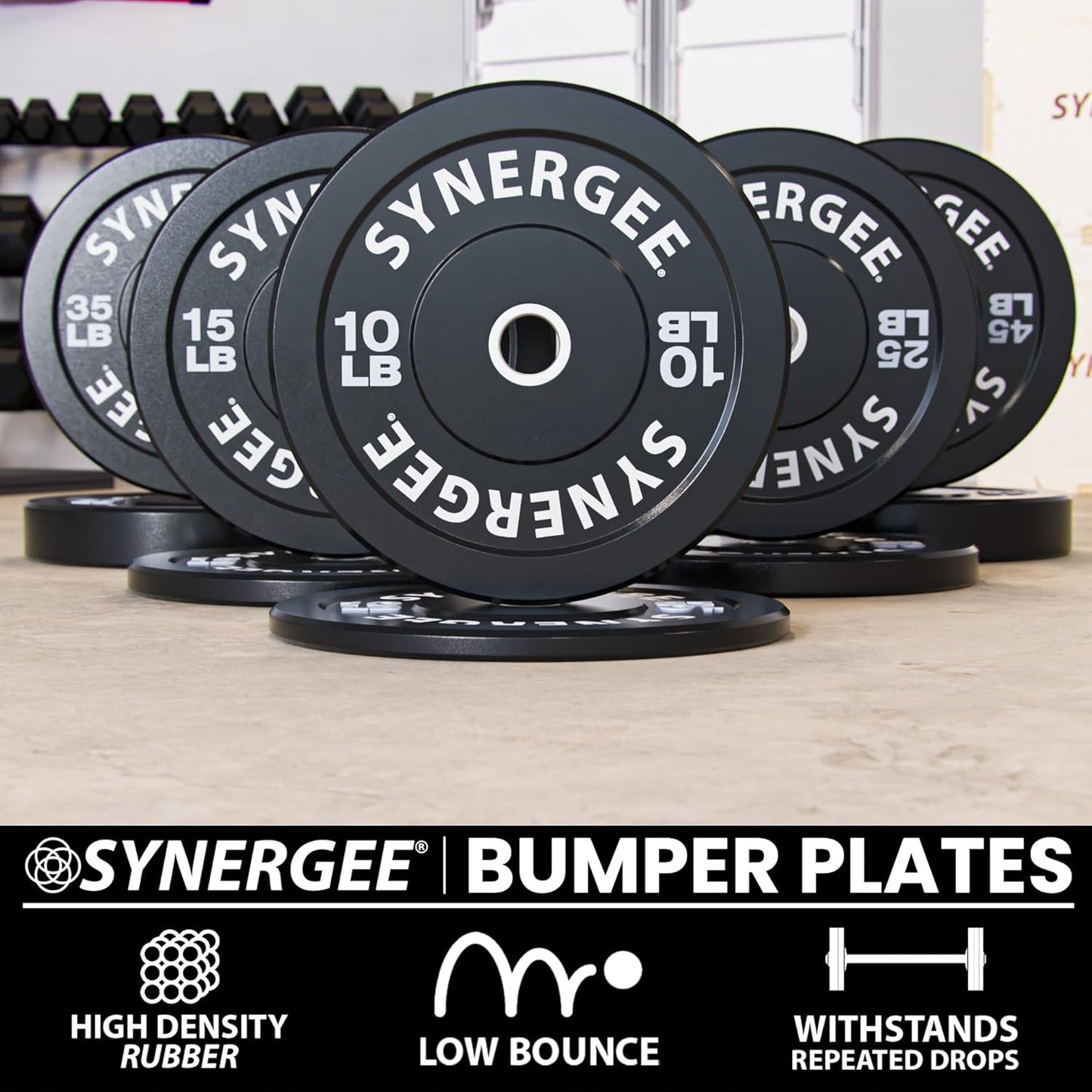 Synergee Bumper Plates – Durable Olympic Weight Plates, Low-Bounce Rubber for Strength Training, Powerlifting, and Functional Workouts.