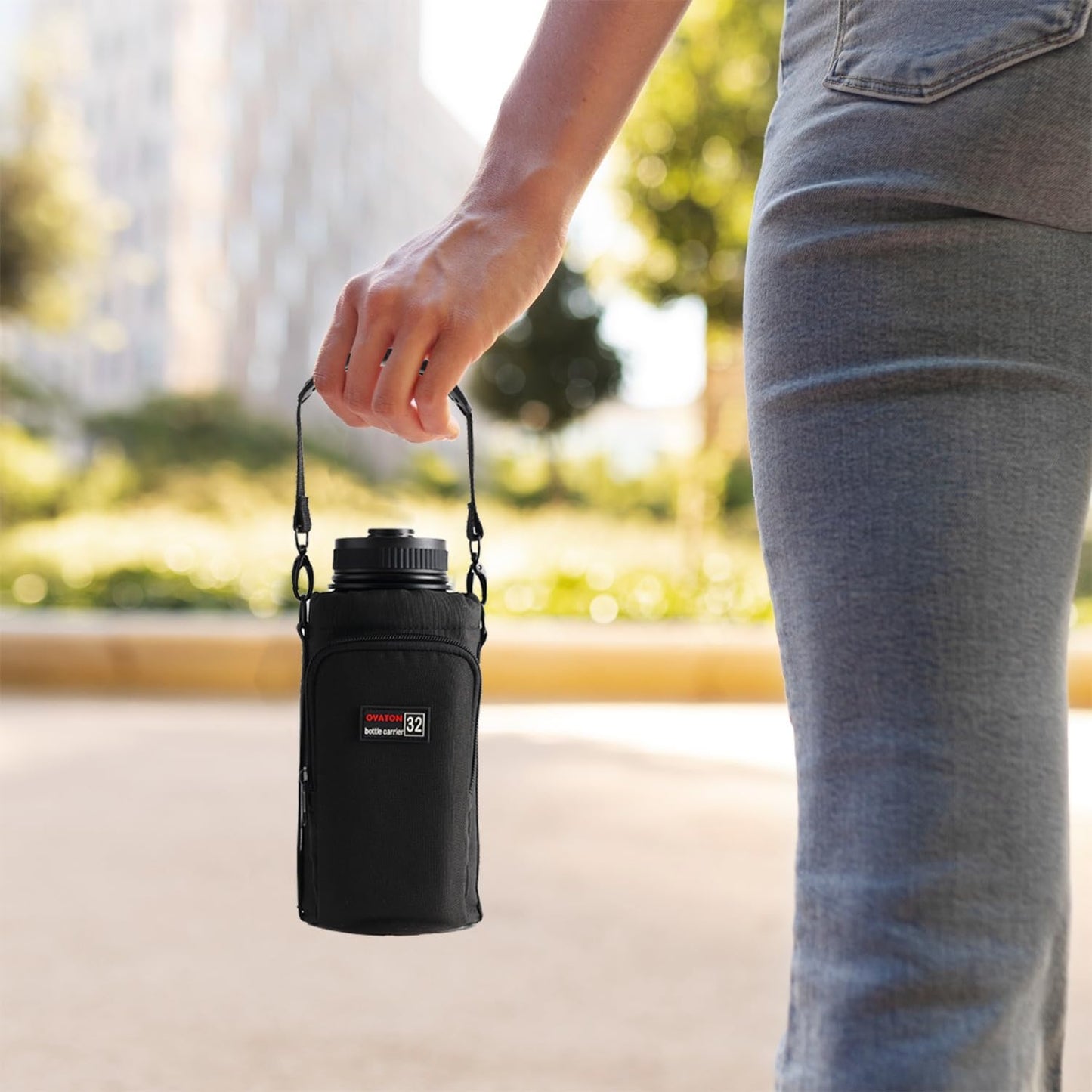 32 oz - 64 oz Black Neoprene Bottle Holder with Strap and Pocket for Walking, Travel and Hiking