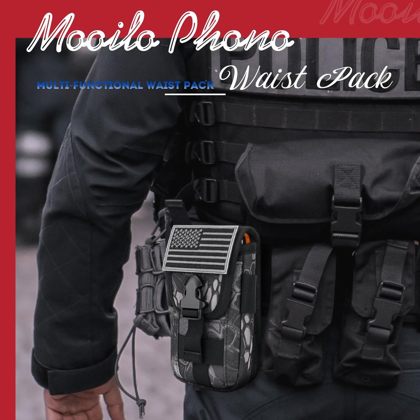 IronSeals Tactical Phone Holster Pouch, Tactical Smartphone Pouches Cellphone Case Molle Gadget Bag Molle Attachment Belt Holder Waist Bag for 4.7"-6.9" with US Flag Patch for iPhone 16 Pro/15 Pro