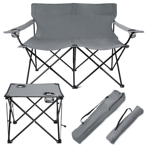HaSteeL loveseat Camping Chair, Grey Double-Seat Beach Chair with Armrests, Grey Square Fold Up Lightweight Table for Backyard BBQ Fishing Indoor, Portable Chair & Table with Cup Holder, Oxford Fabric