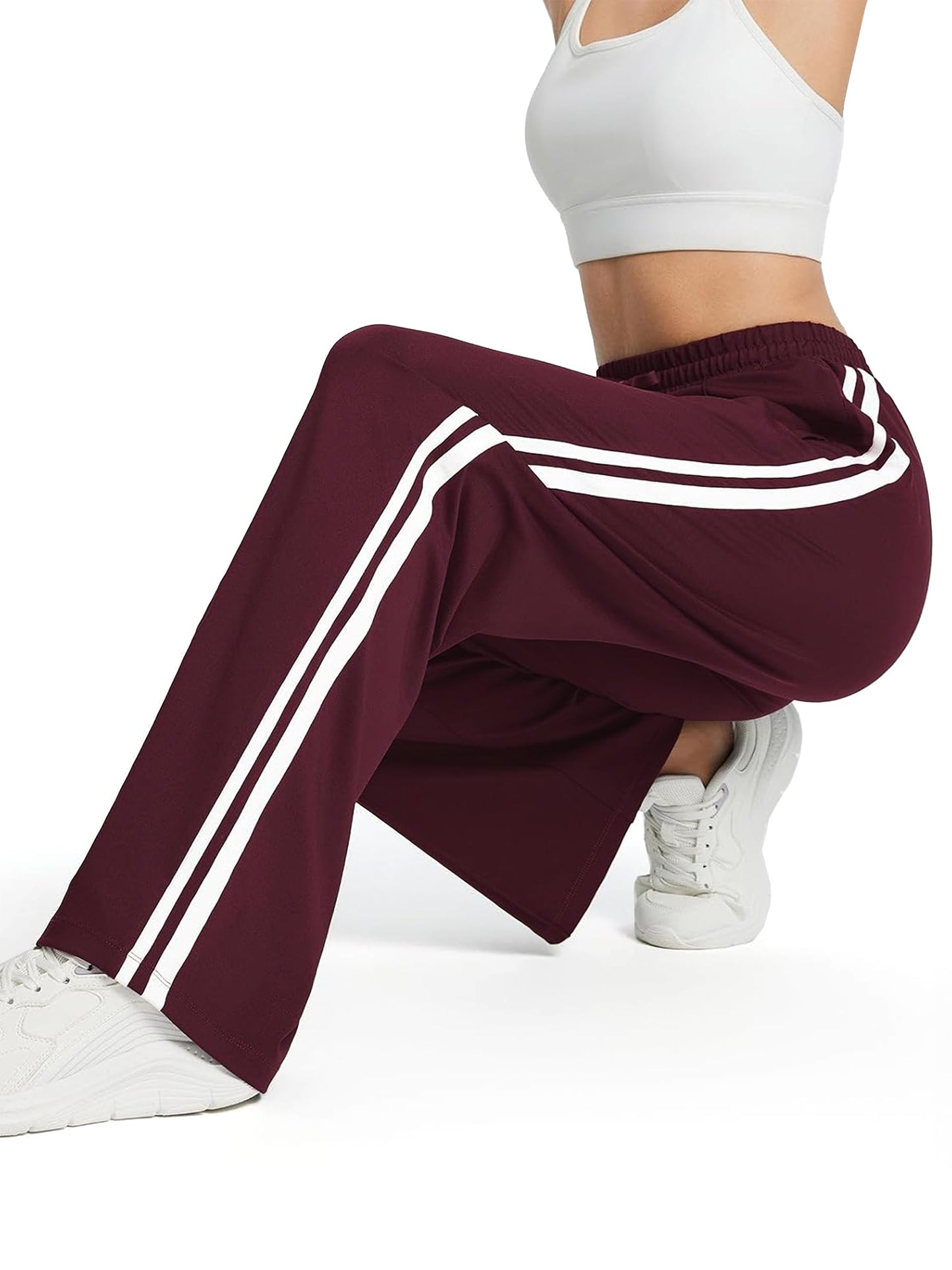 Tapata Extra Tall Woman 36" Inseam Stripes Sweat Pant High Waisted Drawstring Gym Exercise Lounge Joggers, Burgundy, XXL