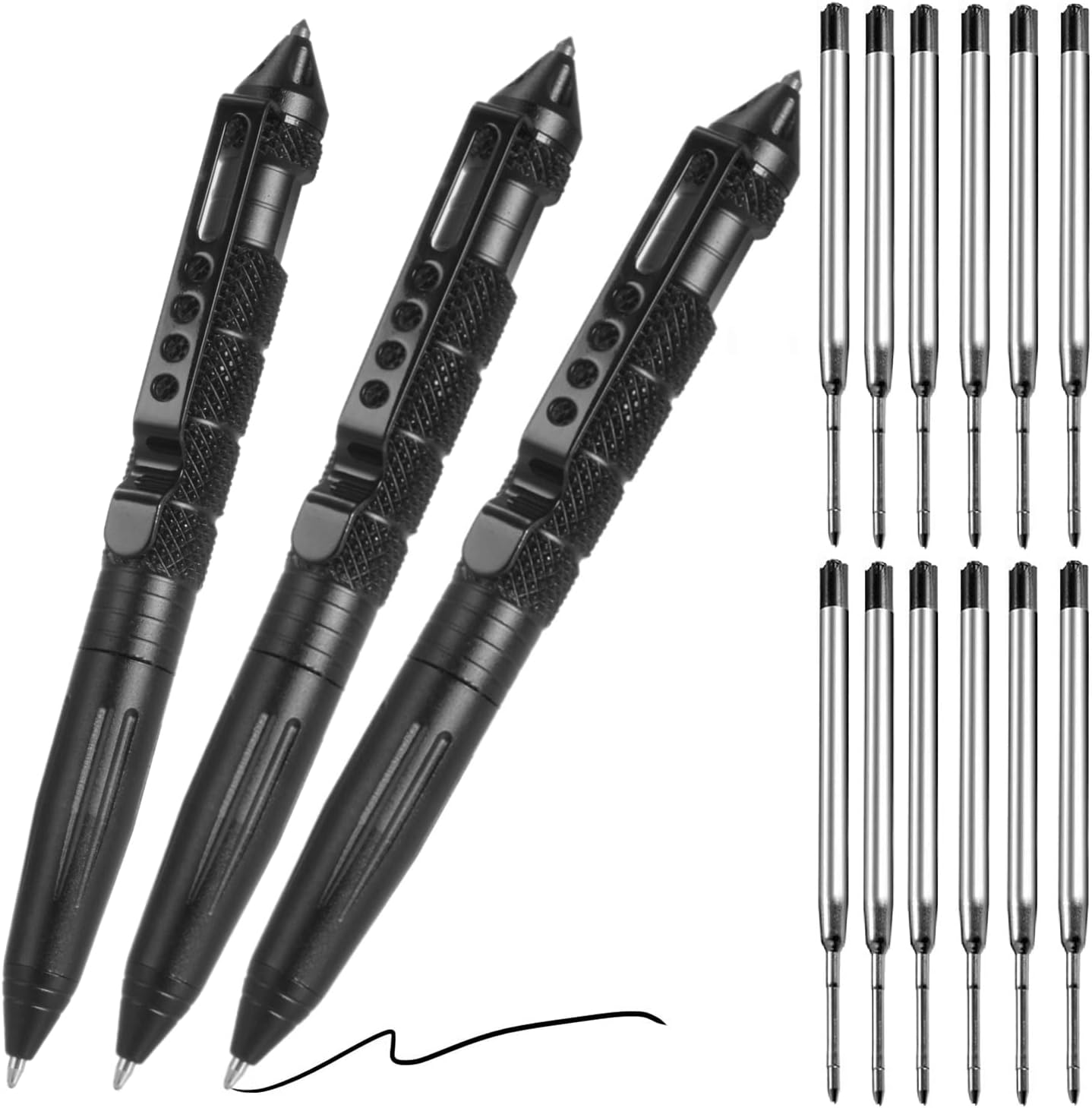 Tungsten Steel Military Tactical Pen - 2 Pack Emergency Self Defense with 8 Black Ballpoint Refills for Writing, Professional Glass Breaker Pen, Multitool for Father's Day