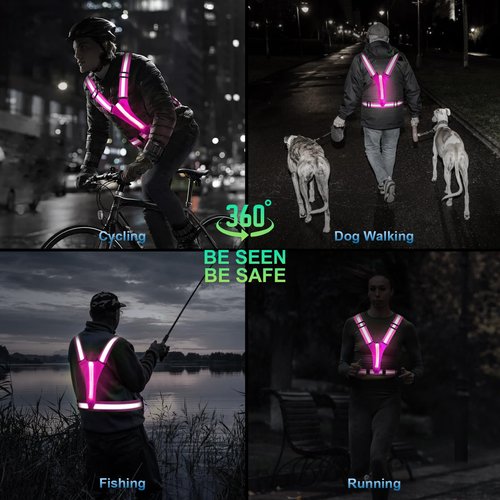 ELLUMIN LED Reflective Running Vest Gear, Rechargeable 5 Lights Colors High-Visibility Gear with Adjustable Waist/Shoulder for Man Woman Night Running Cycling Walking Dogs(Pink & Green)