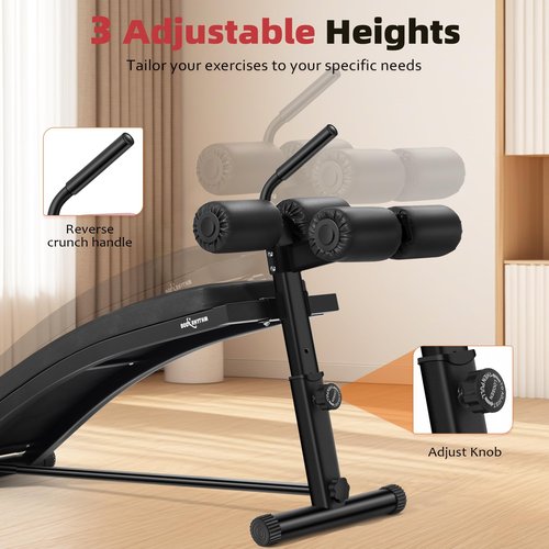 BODY RHYTHM Sit Up Bench with 3 Adjustable Heights and Reverse Crunch Handle, Curved Ab Workout Bench for Home Gym, Adjustable Weight Bench for Core Workouts and Decline Bench Press, Suitable for Individuals Up to 5.9ft Tall. (Black)