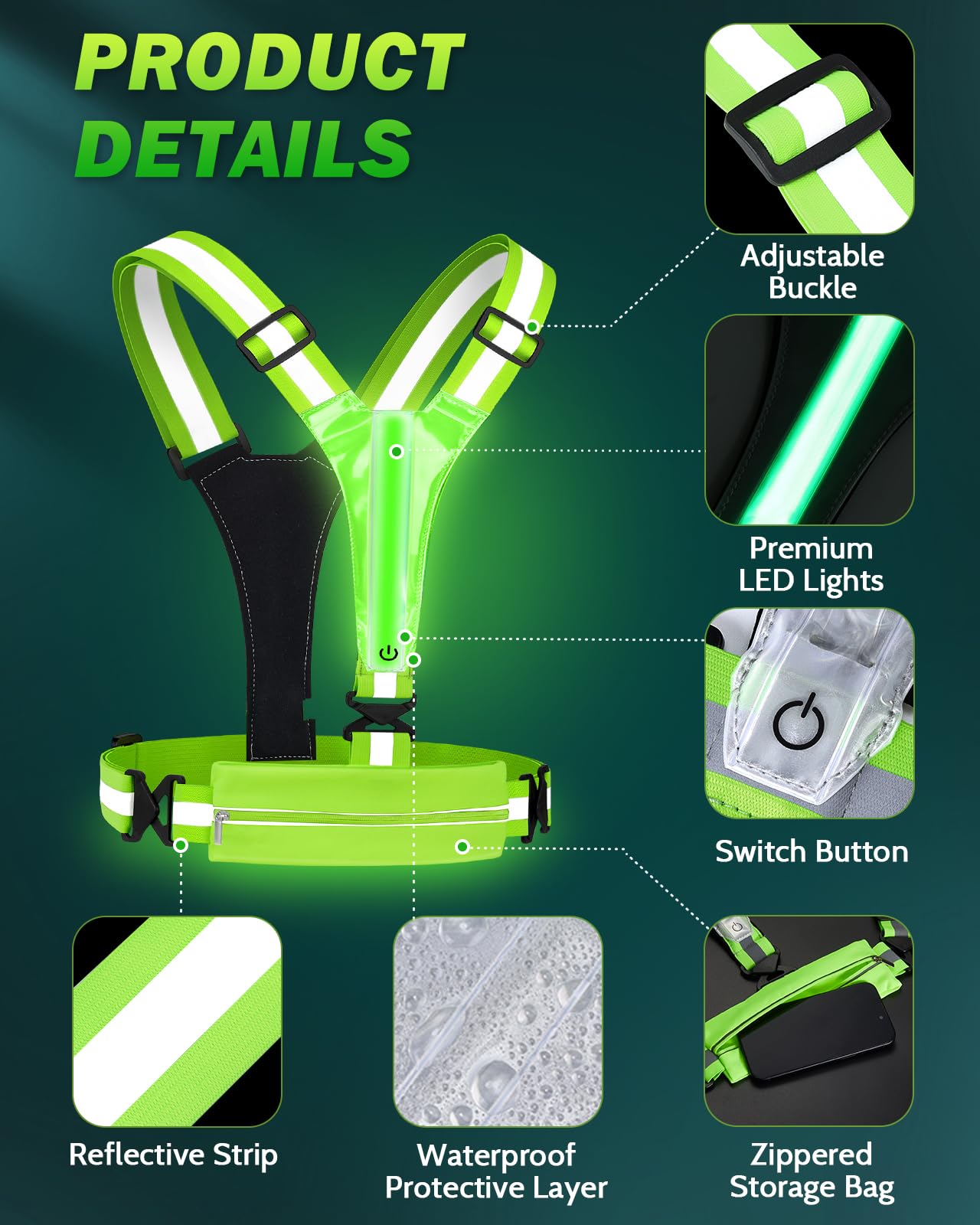 Fitense LED Reflective Running Vest with Phone Holder, 5 Colors Light Up Running Vest Rechargeable Running Lights for Runners High Visibility Reflective Running Gear, Adjustable for Men and Women