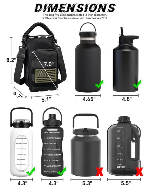 DEFUNX 64 Oz Water Bottle Sleeve - Water Jug Holder with Strap Cross-Body Bottle Carrier with MOLLE System Tactical Military Style Bag All Black