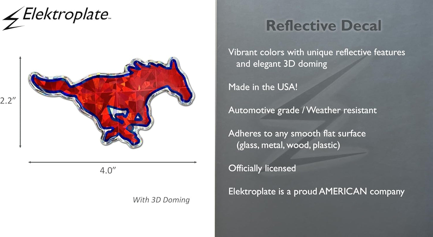 Elektroplate Officially Licensed SMU Mustangs Red & Blue Reflective Decal | Premium 3D Doming All Weather Sticker for Car, Water Bottle, Laptop, Tablet, Window, Cooler, Phone | Made in The USA