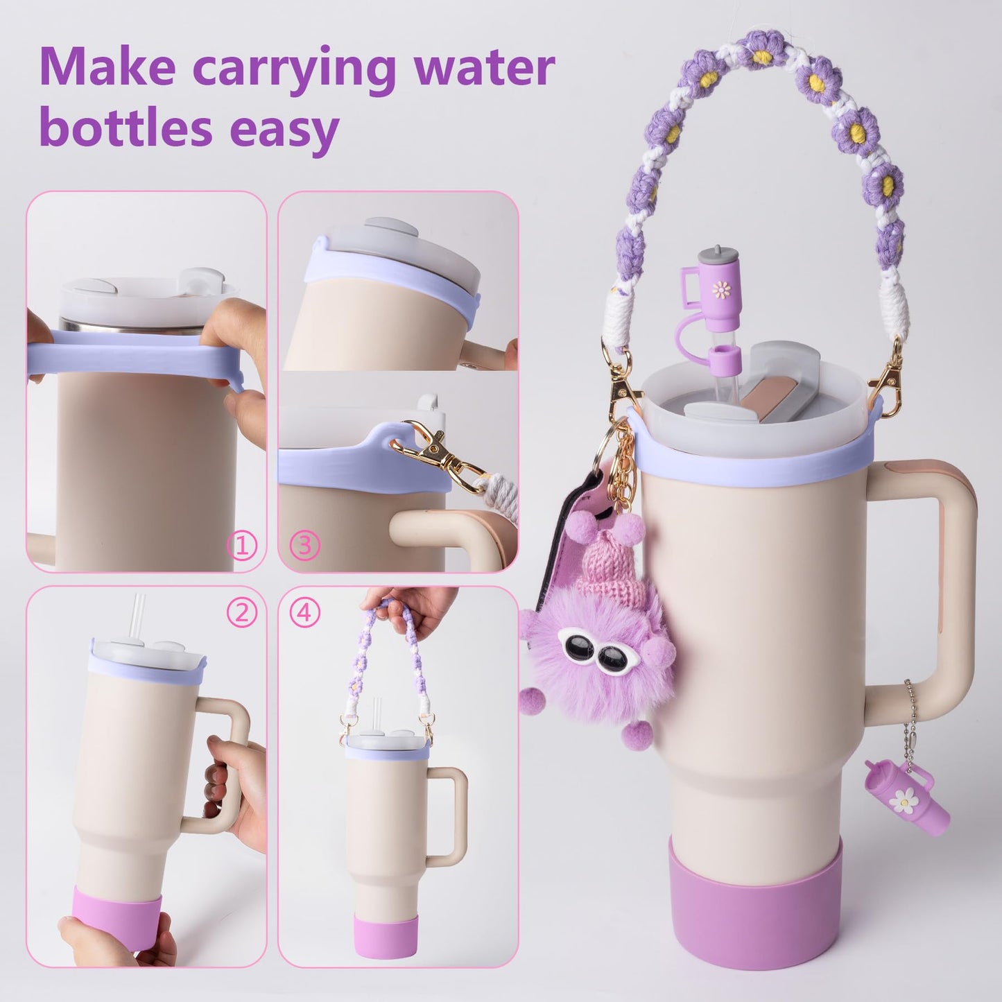 JINHCHIF Stanley Cup Accessories Set I Water Bottle Handle Strap, Silicone Cup Boot, Lipstick Holder, Keychain Charms & Handle Charms,Straw Topper Accessories for Stanley Cup 40oz/30oz