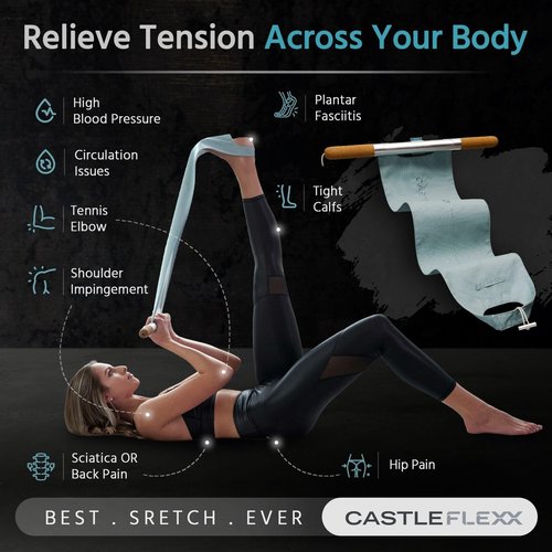 CastleFlexx Mobility and Full Body Strengthening Device | Non-Elastic Stretch Strap with Natural Premium Cork Handles for Stretching, Exercise, Physical Therapy, and Yoga | Height up to 5’9” Aqua