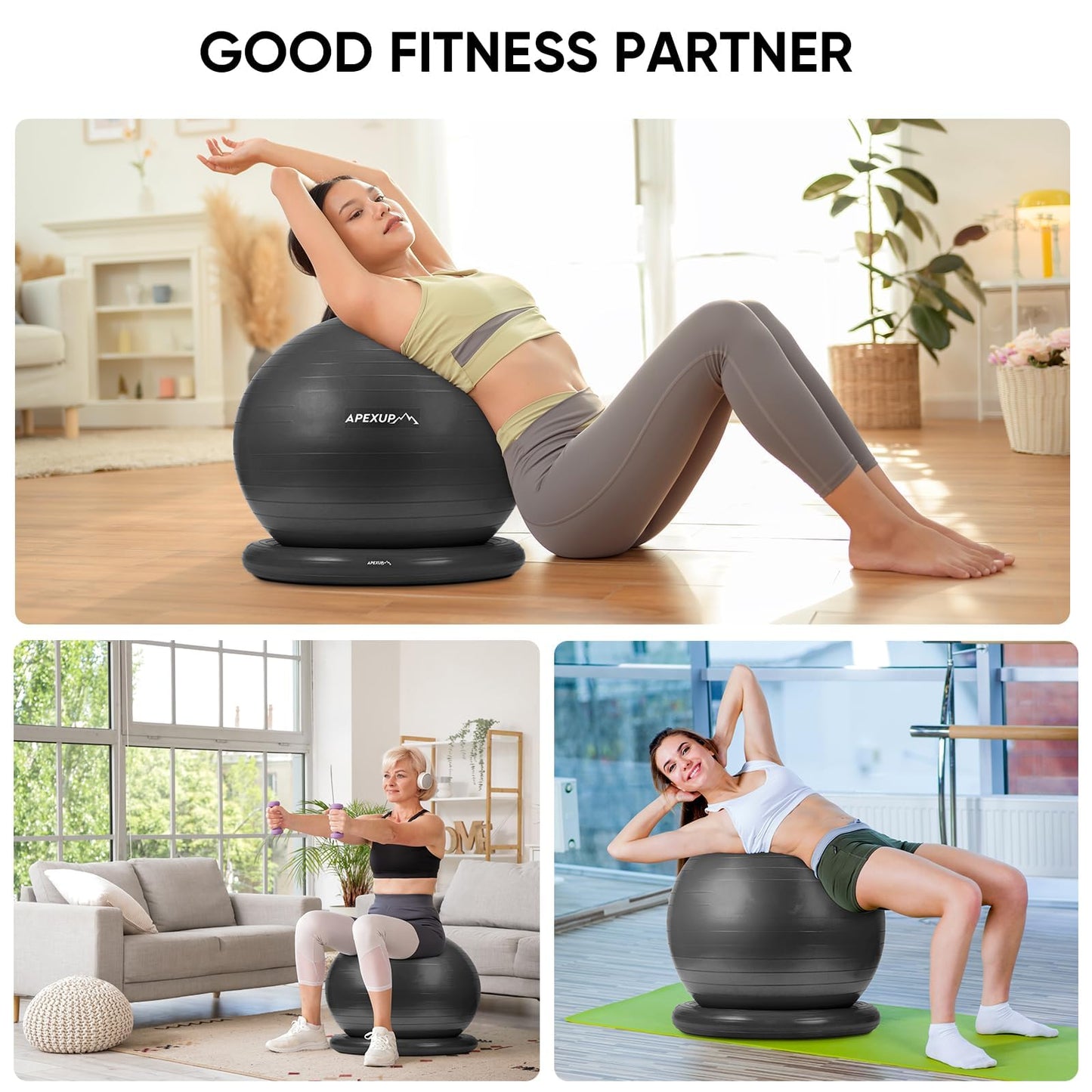APEXUP Yoga Ball Chair, Exercise Ball Chair with Base for Office, Anti Slip Stability Ball Fitness Ball Seat, Home Gym Workout Ball, Balance Ball with Pump (Black, L)
