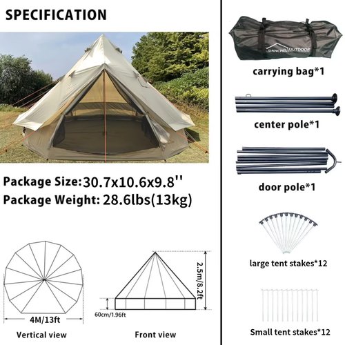 DANCHEL OUTDOOR B2 Portable Yurt Bell Tent with Stove Jack, Lightweight 4 Season All-Weather Waterproof Camping Tent for 4 Person Family Glamping, 4m/13ft 300D Oxford Khaki