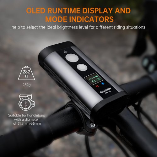 RAVEMEN PR2400 Bike Light for Mountain Biking, 2400 Lumens Bike Headlight with OLED Runtime Display, USB Output, Far Reaching High Beam, Anti-Glare Low Beam, IPX8 Waterproof