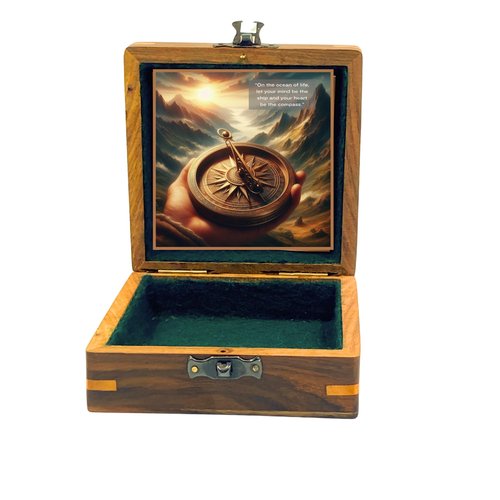 Gilbert and Sons Antique Brass Sundial Compass with Engraved Wooden Case