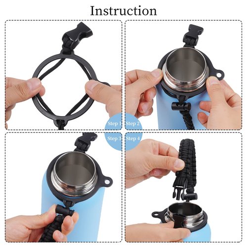 SUMERSHA 2Pcs Paracord Handle Fits Wide Mouth Bottles 12oz to 64oz - Water Bottle Paracord Handle Strap with Carrier Strap Cord, Safety Ring and Carabiner, Black